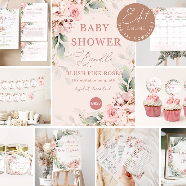 Paquete de ducha de bebé de flor de rubor rosa, paquete de ducha de bebé de niña editable, paquete de juego de invitación de bebé imprimible, decoración de ducha de bebé #BB23