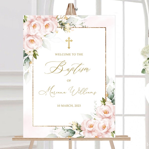 Baptism Welcome Sign Template, Dusty Pink Floral, Printable Baptism Poster, Editable, INSTANT Download, #BP12