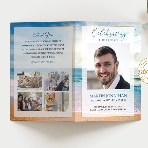 Funeral Program Template, Celebration of life, Funeral Programs for man or woman, celebrating the life of, Ocean Beach theme F125