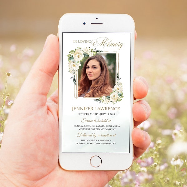 White Roses Funeral Evite Funeral Announcement Digital Invites Electronic Funeral Memorial Template Smartphone Funeral Evite #F15