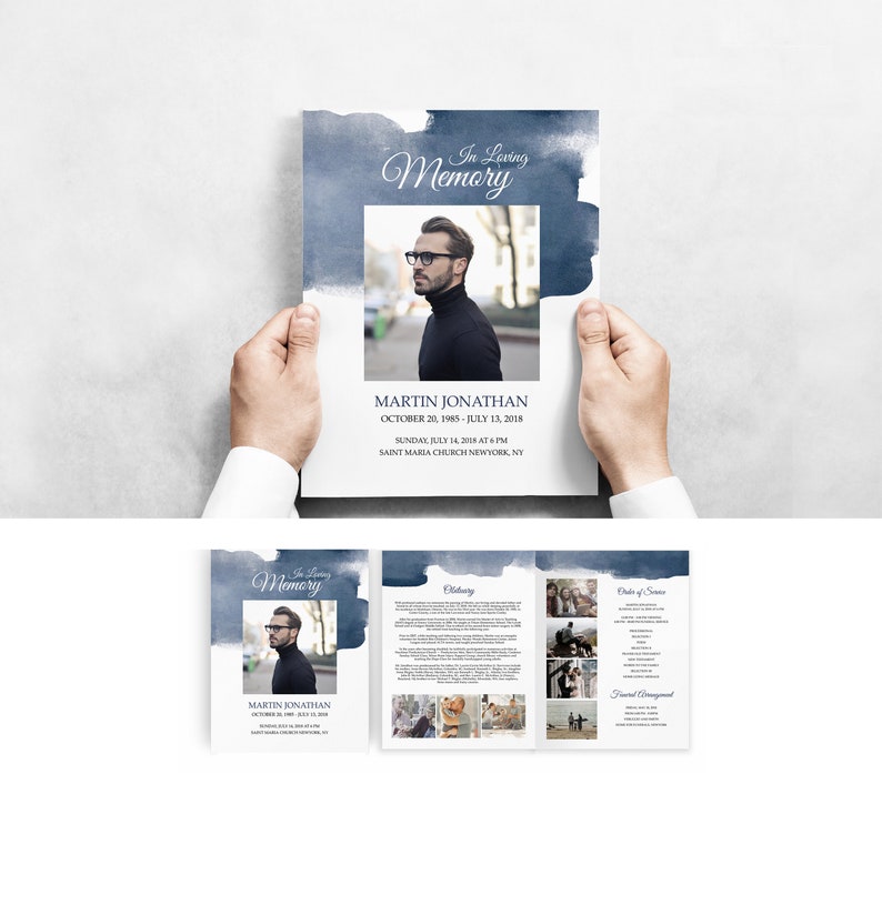 Download Modern Funeral Program For Man Bi Fold Letter Size Memorial Service Program Template F14 Editable Funeral Program Watercolour Blue Paper Invitations Announcements Commentfer Fr