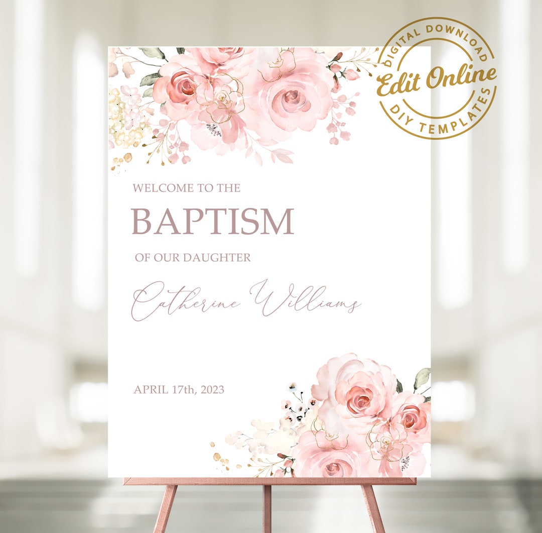 Editable Blush Pink Baptism Sign, Baptism Sign Pink