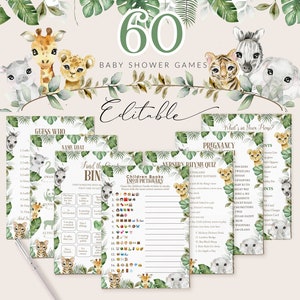 60 Safari Animals Baby Shower Games Bundle, Greenery Safari Animals Baby Shower Package, Editable Printable Baby Shower Game Pack, #BB55