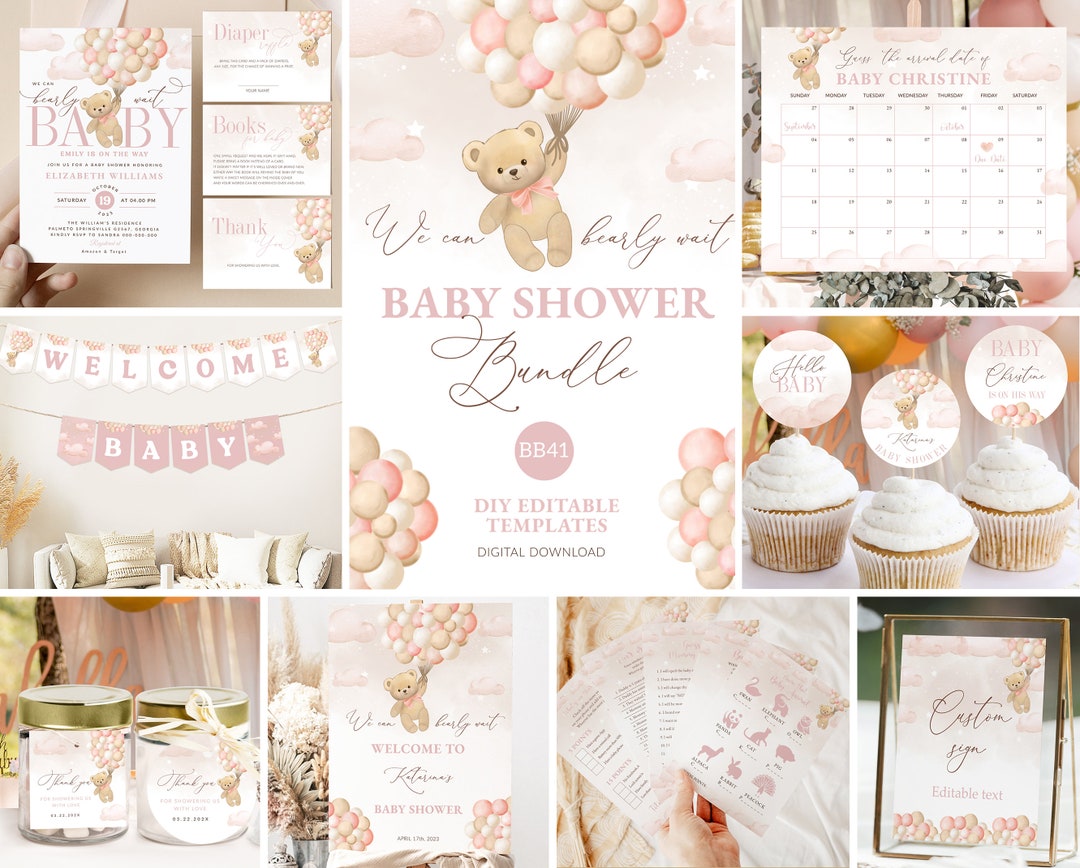 Bear Baby Shower Bundle Air Balloon Invitation Bundle Pink Girl ...