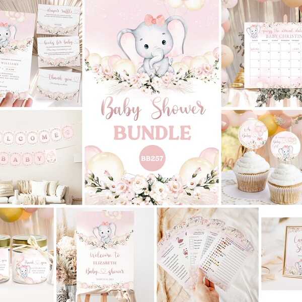 Editable Pink Elephant Baby Shower Bundle Pink Boho Balloon Pampas Grass Girl Baby Shower Bundle Elephant Baby Bundle Instant Download BB257