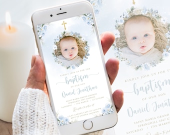 Digital Baptism Text Invitation Template, Photo Rustic Blue Flowers, Blue Baptism Text Invite, Editable, Electronic, Instant Download #BP46
