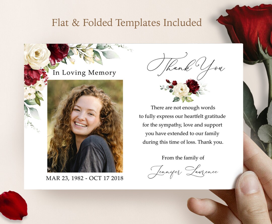 Red White Roses Flower Funeral Thank You Card Template Editable ...
