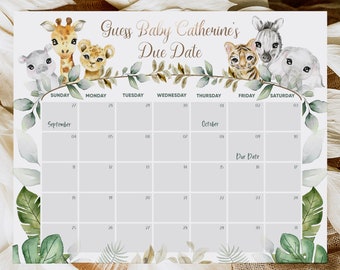 Editable Baby Shower Due Date Calendar Template Safari Animal Printable Baby Shower Gender Neutral Baby Shower Instant Digital Template BB55