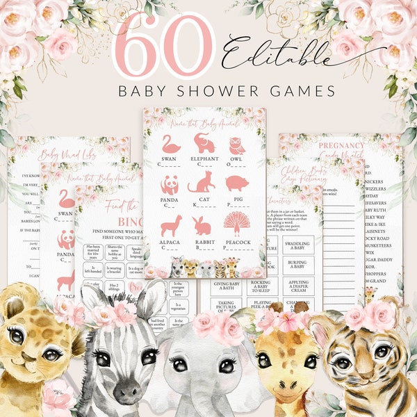 60 Safari Animals Girl Baby Shower Games Bundle, Pink Safari Animals Baby Shower Package, Editable Printable Baby Shower Game Pack, #BB47