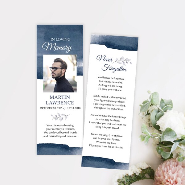 Blue Watercolour Funeral Bookmark Template Memorial Bookmark For Men Funeral Keepsake Funeral Bookmark Printable #F14