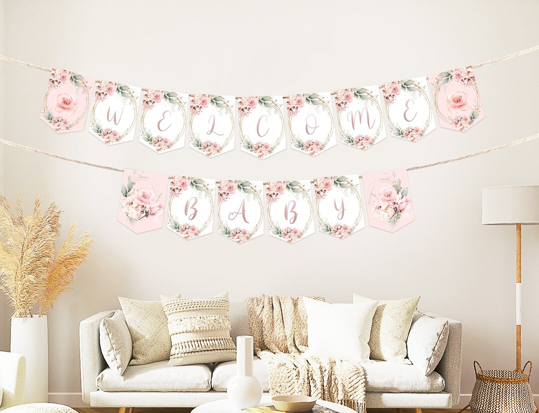 Baby Shower Pennant Banner Template Pink Blush Rose, Baby Shower ...
