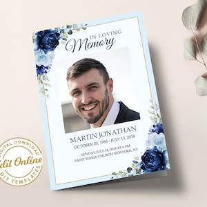 F38 funeral program template for men blue roses, Funeral Program template men and women, obituary program for men