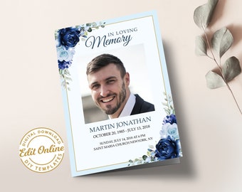 F38 funeral program template for men blue roses, Funeral Program template men and women, obituary program for men