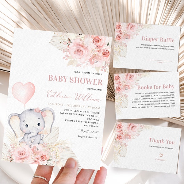 Plantilla de invitación editable para Baby Shower de elefante, globo rosa bohemio, invitación de elefante para niña, plantilla imprimible, descarga instantánea #BB357