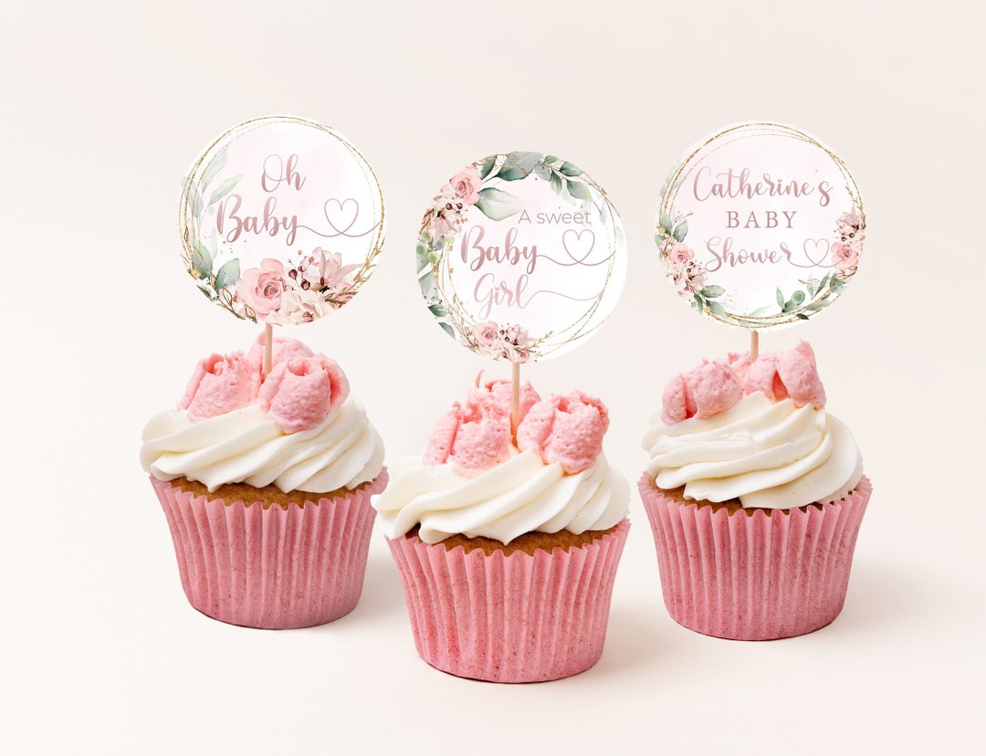 Pink Blush Rose Baby Shower Cupcake Toppers, Girls Baby Shower, Soft