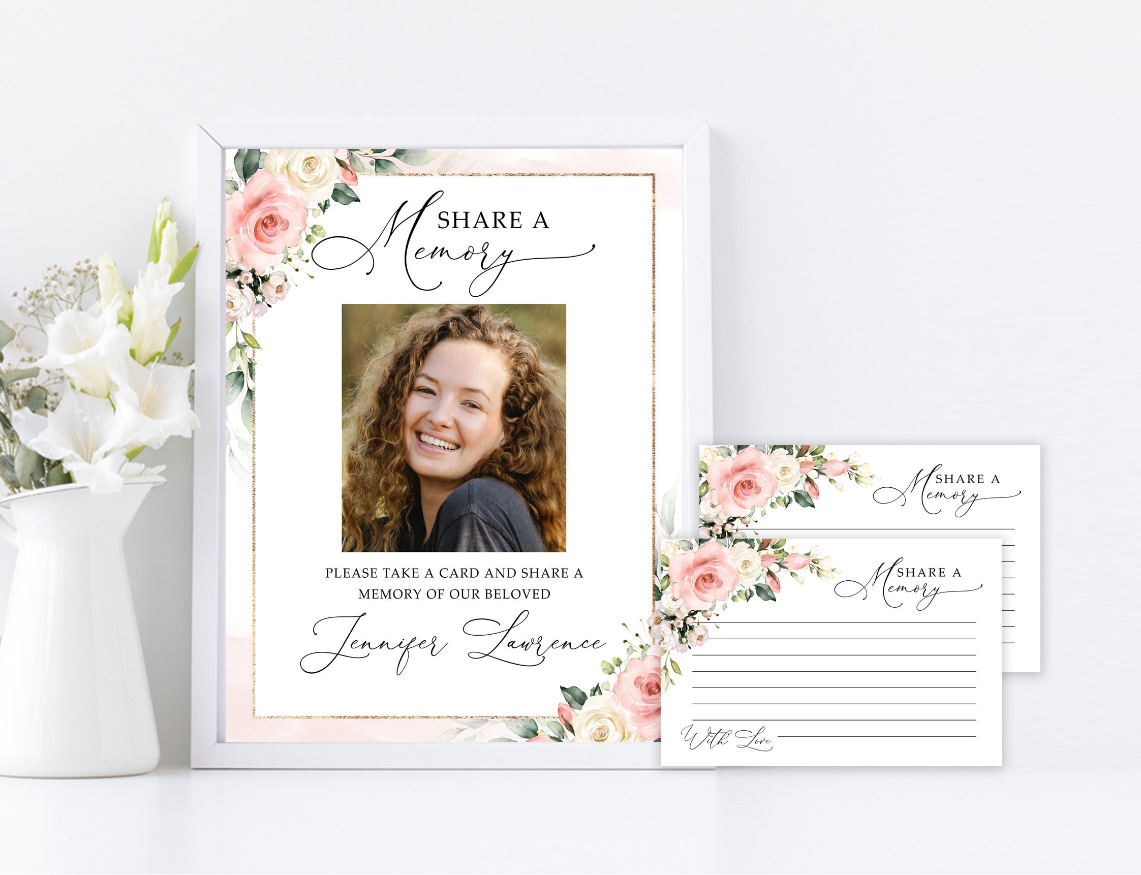 Note Cards Instant Download Share A Memory Card ~ Blue Floral Funeral Memory Cards ~ Printable ...