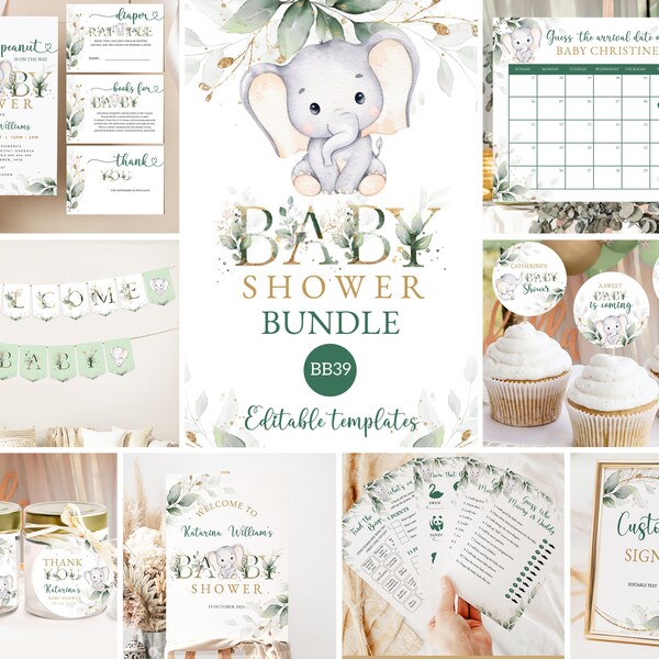 Baby Shower Bundle Greenery Elephant Editable Baby Shower Bundle, Printable Baby Invitation Game Pack, Green Baby Shower Decoration #BB39