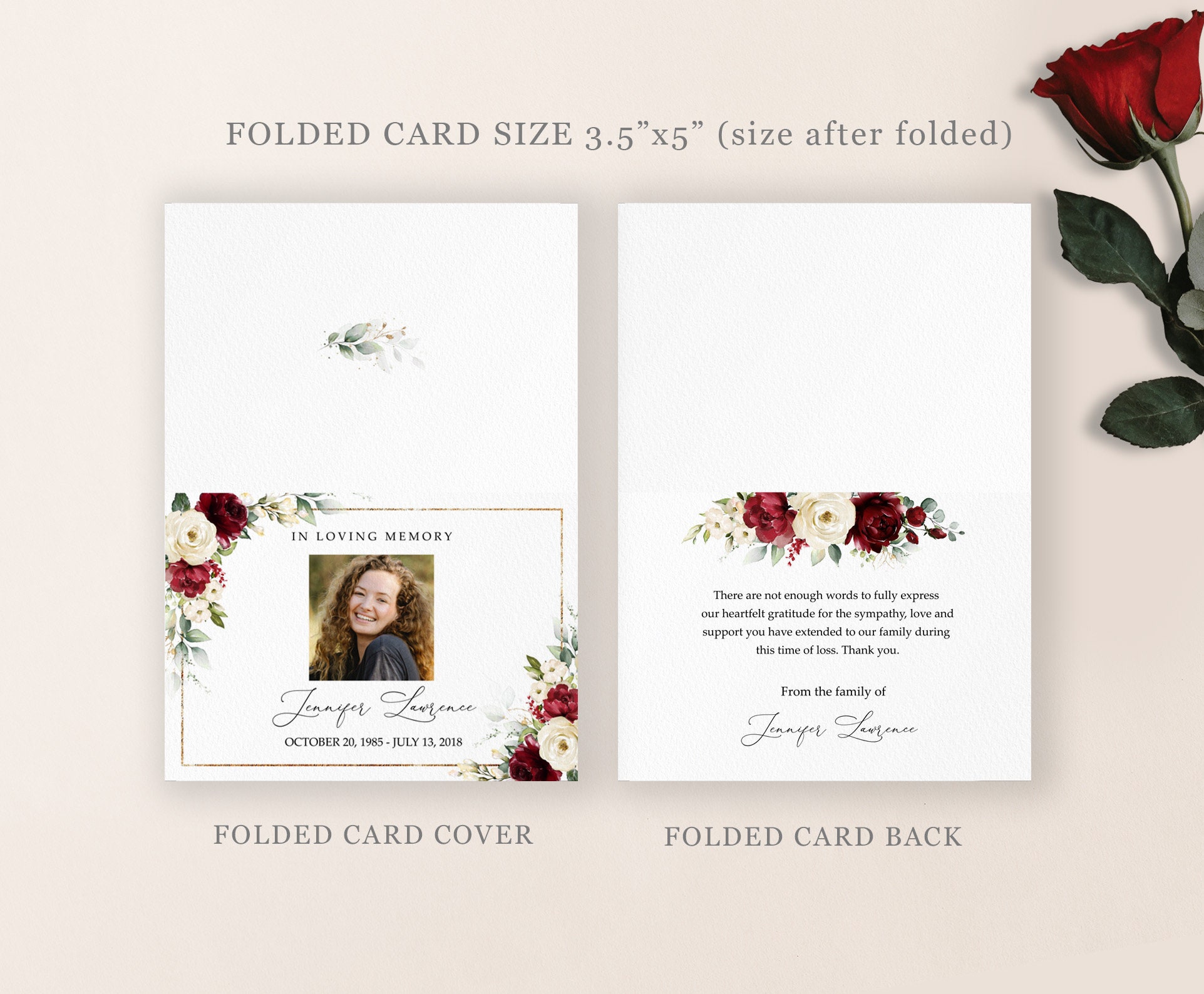 Red White Roses Flower Funeral Thank You Card Template - Etsy