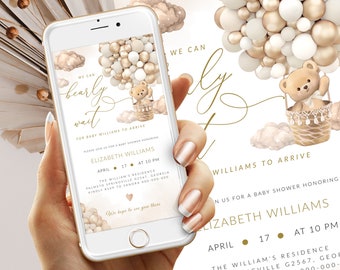 Teddy Bear Balloons Smartphone Baby Shower Invitation Template, We Can Bearly Wait, Gender Neutral Baby Bear Invite, Evite, Editable #BB241