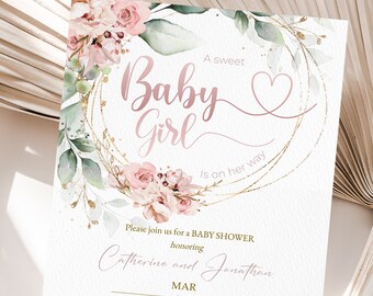 BLUSH Rose Rose | Modèle d'Invitation pour baby shower, baby shower imprimable, baby shower pour filles, modèle numérique instantané rose doux # BB23