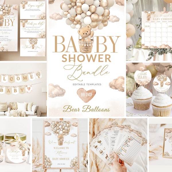 Ours bébé douche Bundle ballon à air bébé douche Invitation Bundle imprimable bébé douche jeu Bundle décoration ours ballon instantané # BB243