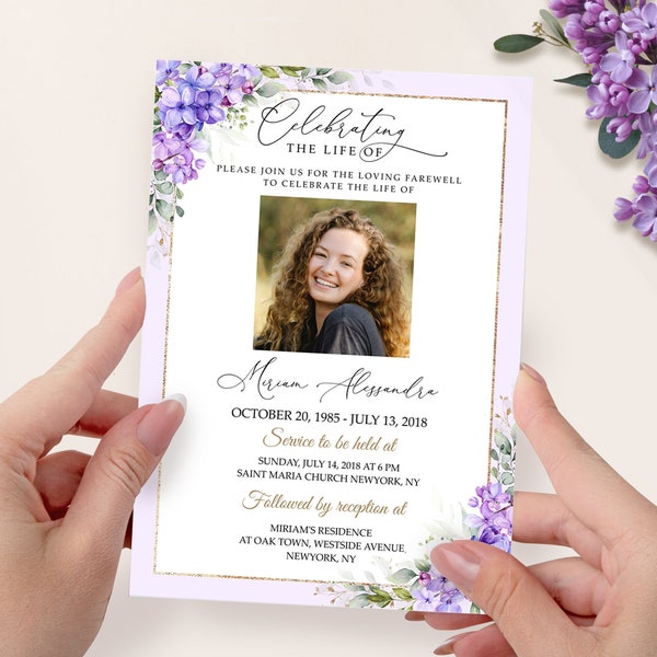 Funeral Invitation, purple rose flower, funeral Announcement, celebration of life invitation, printable, editable memorial invite, #F42