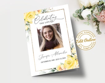 Editable Funeral Program Template Yellow Roses, Yellow Floral Memorial Service Program, Obituary Program, Celebration Of Life, F41