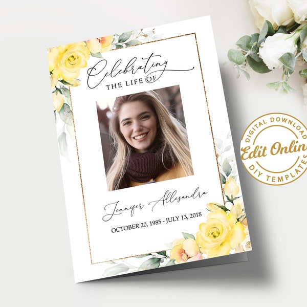 Editable Funeral Program Template Yellow Roses, Yellow Floral Memorial Service Program, Obituary Program, Celebration Of Life, F41