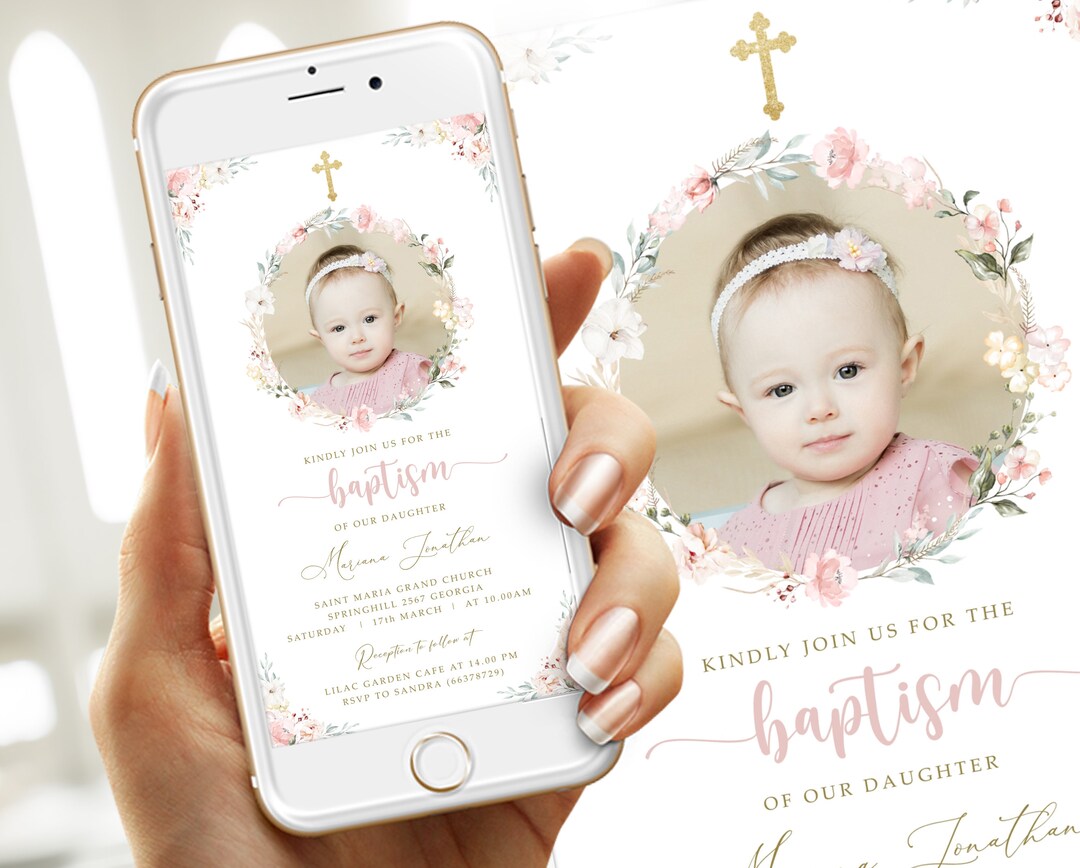 Digital Baptism Text Invitation Template, Photo Rustic Pink Flowers