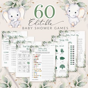 Editable Elephant Baby Shower 60 Games Bundle, Greenery Elephant Games Instant Download, Baby Emoji Game, Predicitions Advice Game #BB39