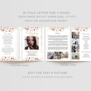 Pink Blush Roses Editable Funeral Program Template Floral Memorial ...