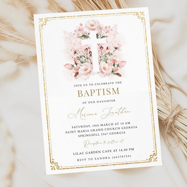 Invitación de bautismo editable Blush Pink Rose Invitación de bautismo Boho Bautismo Bautizo 1ra Comunión Invitación Descarga instantánea, #BP5