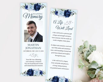 Funeral Bookmark template Blue Leaves, Memorial Bookmark For Men, Funeral Keepsake, Funeral Bookmark Printable, Celebration Of Life, F38