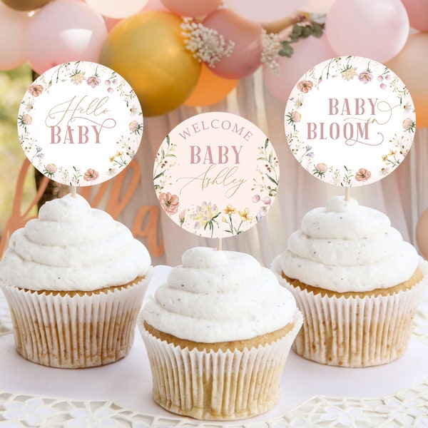 Editable Wildflower Baby In Bloom Baby Shower Cupcake Toppers Template, Girls Baby Shower Cupcake, Soft Pink Instant Digital Template #BB75