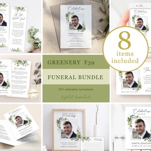 F39 funeral bundle template leaves greenery for men and woman, greenery celebration of life bundle, printable in loving memory package suite