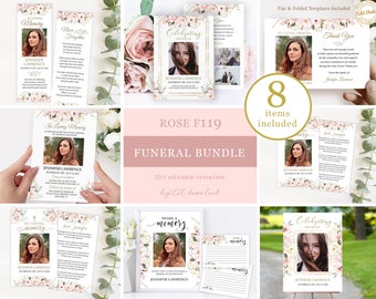 Pink Blush Roses Funeral Bundle Template  Floral Celebration of Life Bundle  Printable In Loving Memory Package Suite #F119