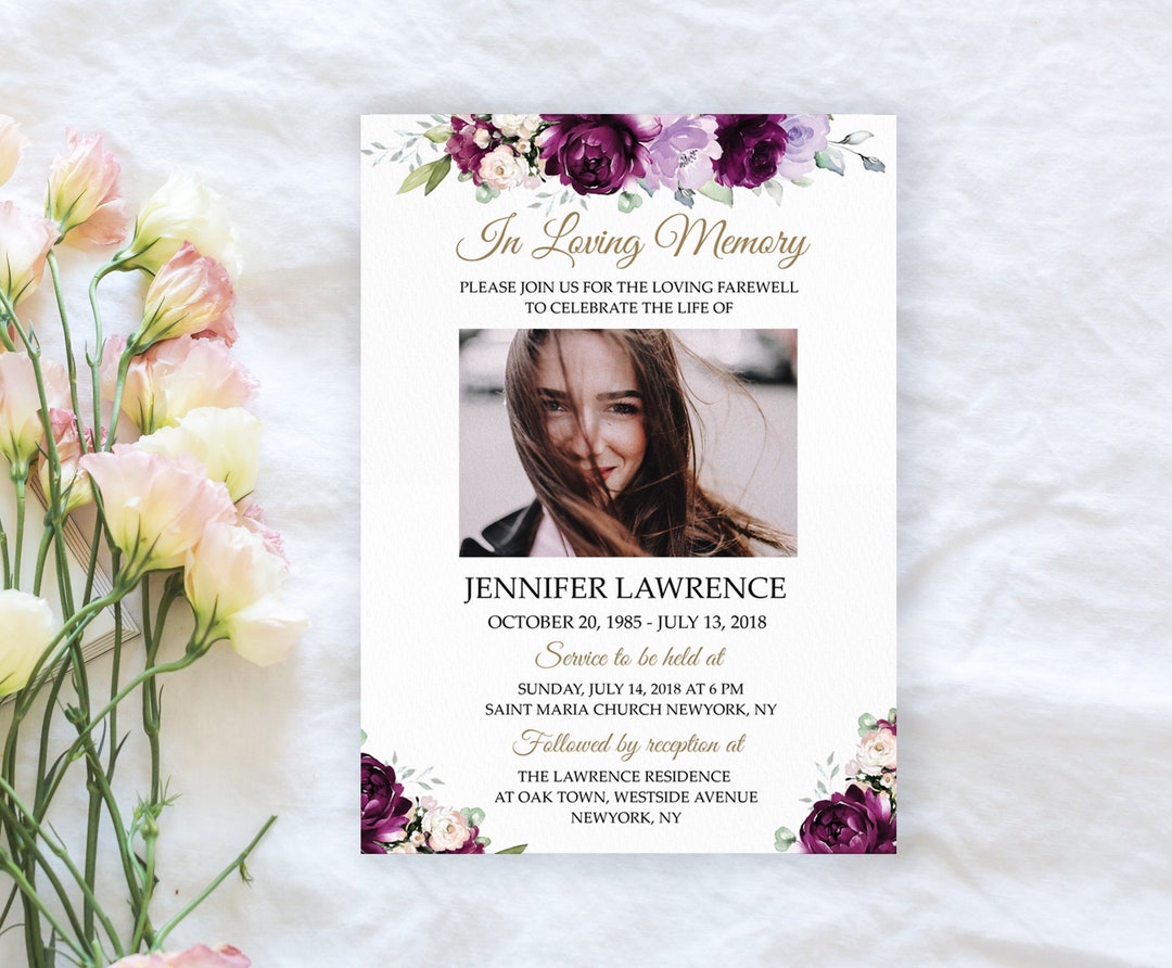Purple Flower Funeral Invitationfuneral Announcement Template Floral