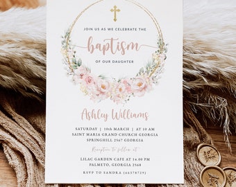 Editable Baptism Invitation Template Blush Pink Rose Baptism Invite Card Printable Girls Pink Baptism, INSTANT Download, #BP28