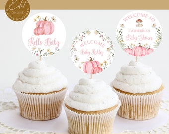 Editable Pink Pumpkin Baby Shower Cupcake Toppers Template, Cupcake Fall Baby Pumpkin Printable Instant Download #BB38