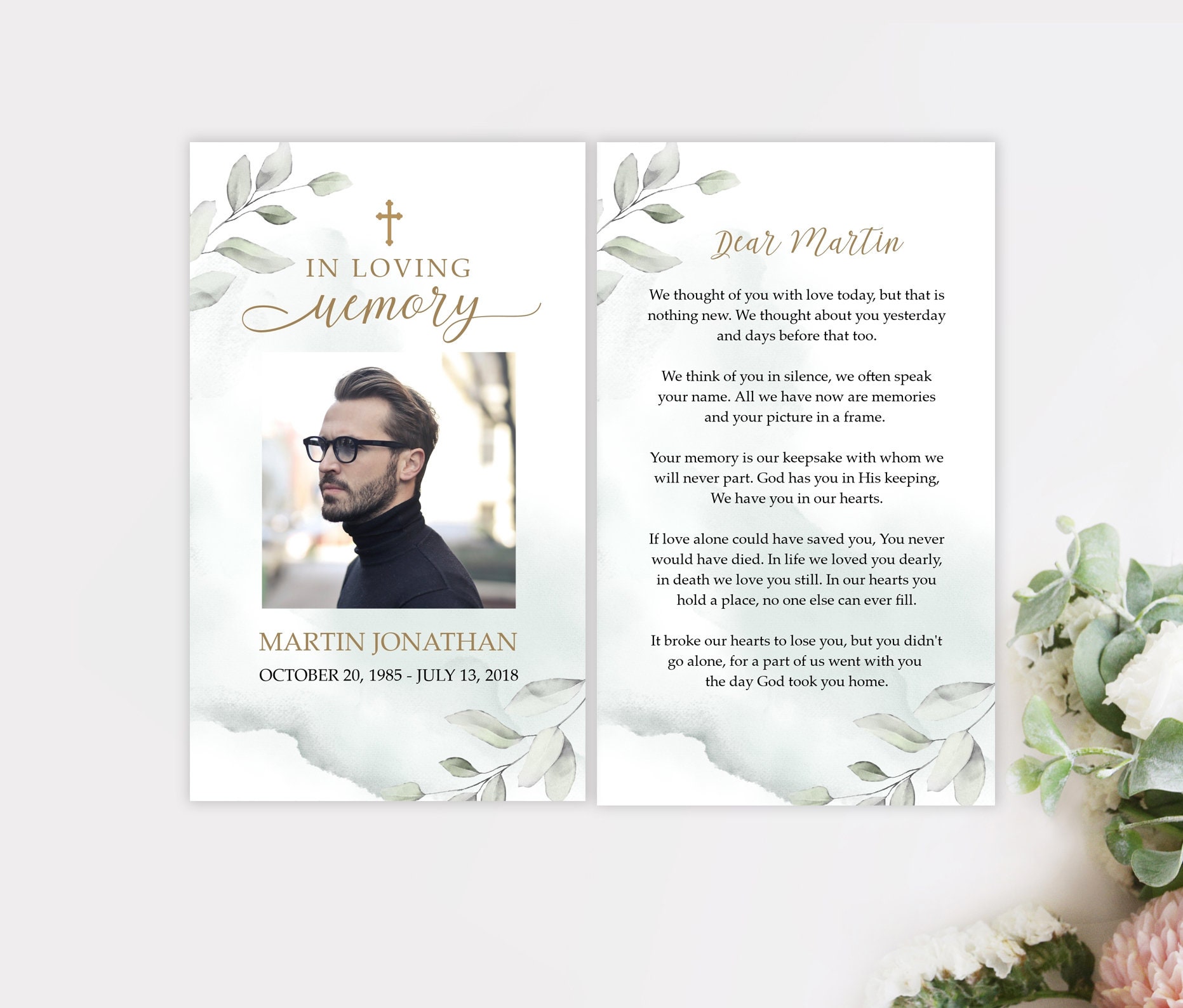 F13 Funeral Prayer Card Template Greenery Leaves for Men Etsy Australia