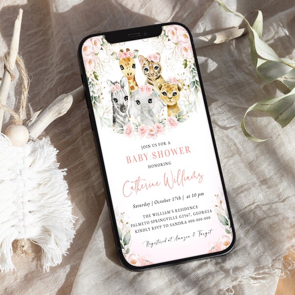 Editable Safari Jungle Animals Baby Shower Evite Template, Pink Girl Safari Baby Smartphone Template, Instant Download, Digital File #BB47