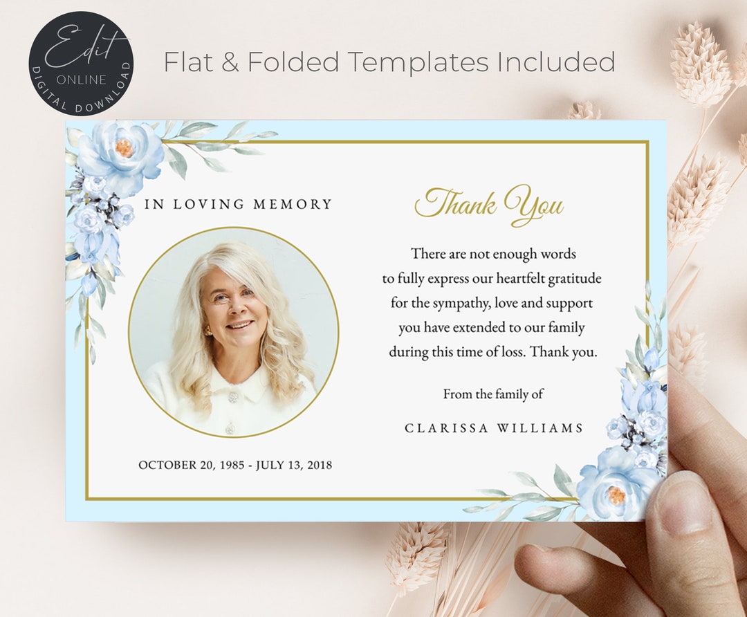Elegant Funeral Thank You Card Template Soft Blue Roses Editable ...