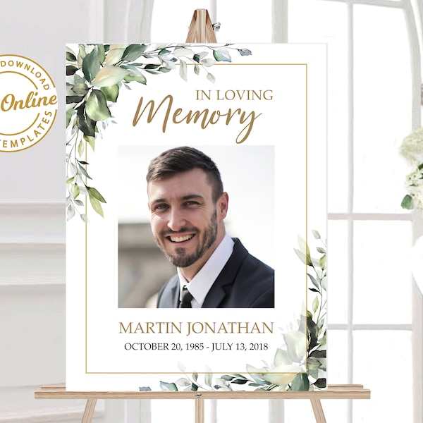 Greenery Leaves Funeral Welcome Sign Memorial Sign Template For Man Funeral Sign Poster For Man Memorial Service Sign #F116