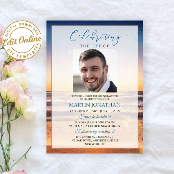 Beach Sunset Funeral Invitation Funeral Announcement Template For Men Celebration of Life Invitation Printable Memorial Service #F19