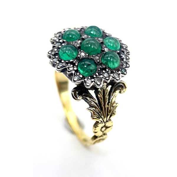 Antique Cabochon Emerald and Rose Diamond Ring