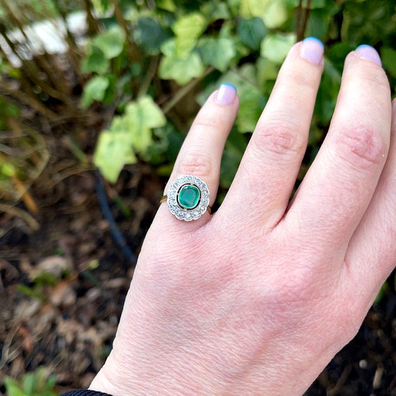 Art Deco Emerald And Diamond Cluster Ring - Etsy