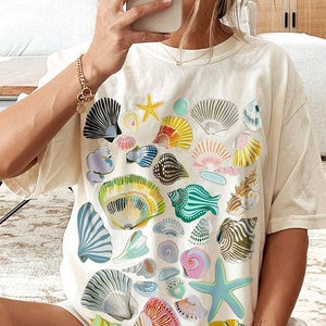 Vintage Seashells Tshirt Comfort Colors Cotton Cottagecore Aesthetic Shirt Nautical Tee Ocean Swimsuit Coverup Oversized Coastal Surf Shirt