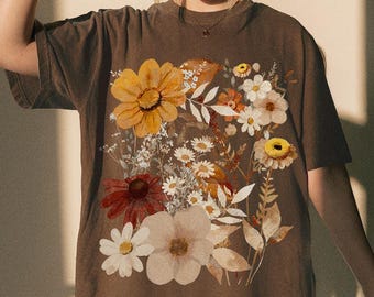 Vintage Boho Botanical Shirt Comfort Colors Pressed Flowers Cottagecore Tshirt Autumn Cotton Dried Floral Graphic Tee Daisies Zinnias Cosmos