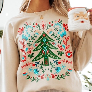 Scandinavian Christmas Sweatshirt Swedish Crewneck Norwegian Folk Art Sweater Cottagecore Shirt Hygge Botanical Crewneck Vintage Sweatshirt