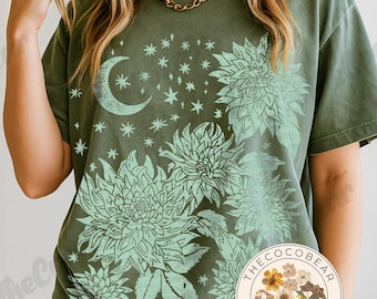 Vintage Linocut Dahlias T-Shirt: Cottagecore Moon & Stars Comfort Colors Tee